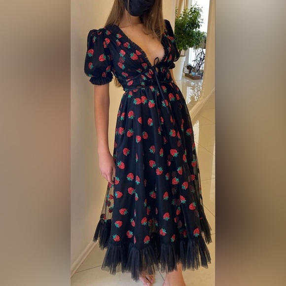 Lirika Matoshi Black Midi Strawberry Dress - Picture 1 of 7